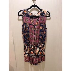 Umgee USA Womens Floral Boho Romper Mixed Print Sleeveless Navy Pink Medium